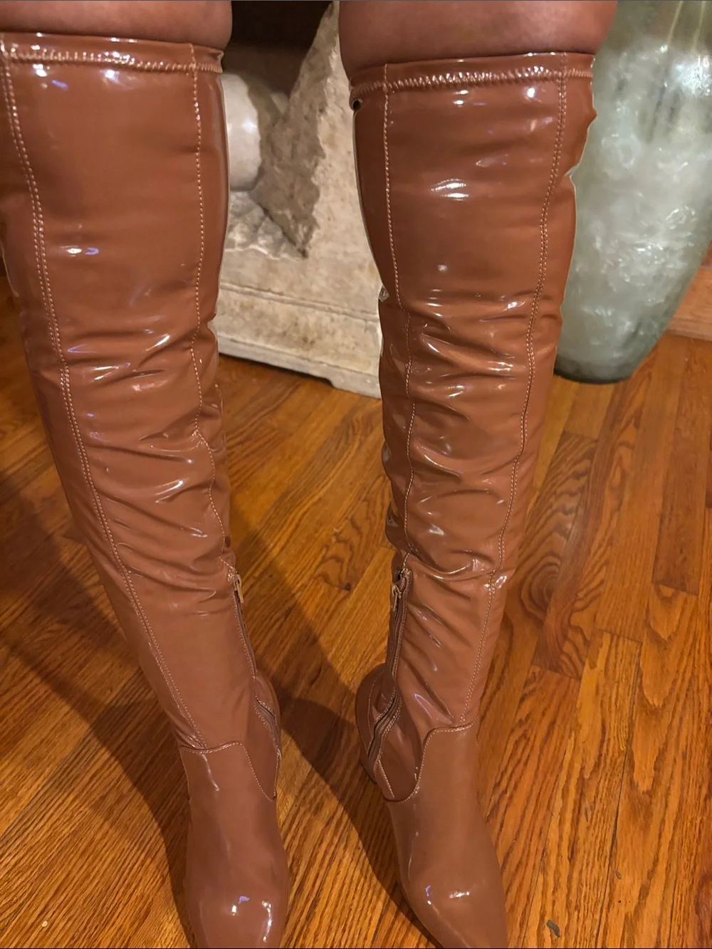 Knee-High Patent Leather Boots - Tan